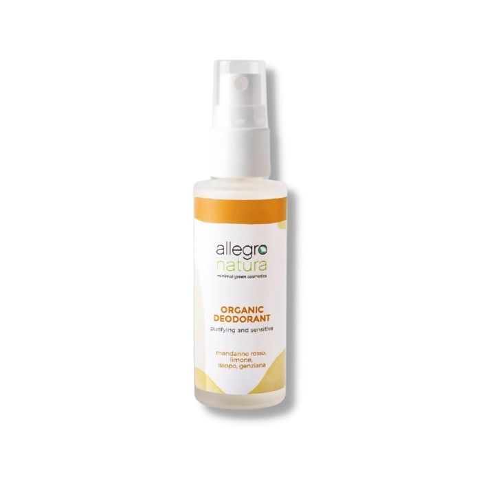 Desodorizante biológico sensitive (para peles sensíveis) em spray. Disponível em 2 aromas: sálvia & menta e tangerina & limão.