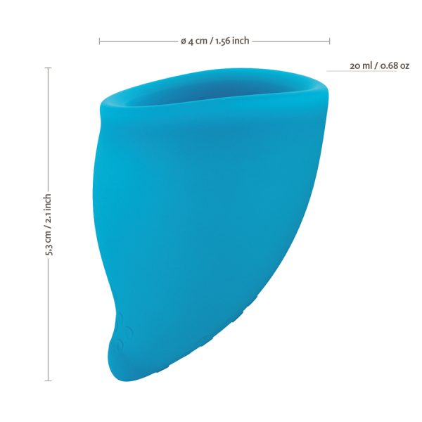 Copo menstrual, tamanho A, desenhado com uma forma anatomicamente mais correta para maior conforto. Inclui bolsa de transporte.