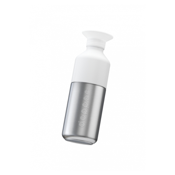 A garrafa reutilizável Dopper em Aço Inoxidável tem a opção de ser uma garrafa ou uma garrafa com copo. Capacidade: 350ml. Nenhuma garrafa Dopper tem BPA.
