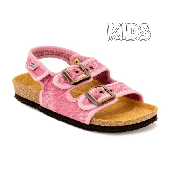 As bio sandálias maui kids (para criança) em rosa são sustentáveis e super confortáveis! Feitos com algodão orgânico e borracha reciclada e cortiça.