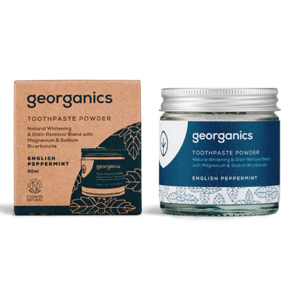Pó dentífrico da Georganics formulado com hortelã-pimenta para remoção da placa bacteriana e de manchas causadas por alimentos, chá ou café.