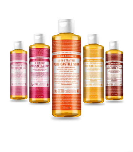 Os sabonetes líquidos Dr. Bronner's são completamente biodegradáveis e de base vegetal, sendo feitos com óleos certificados biológicos e de comércio justo.