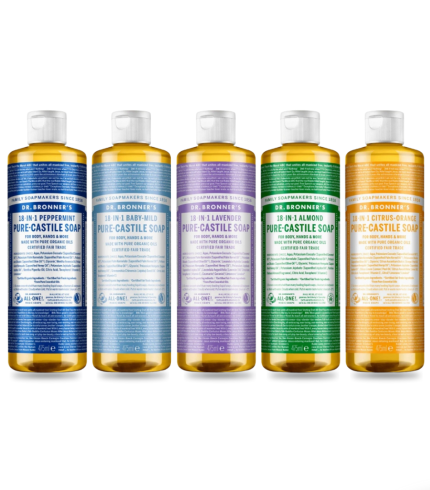 Os sabonetes líquidos Dr. Bronner's são completamente biodegradáveis e de base vegetal, sendo feitos com óleos certificados biológicos e de comércio justo.