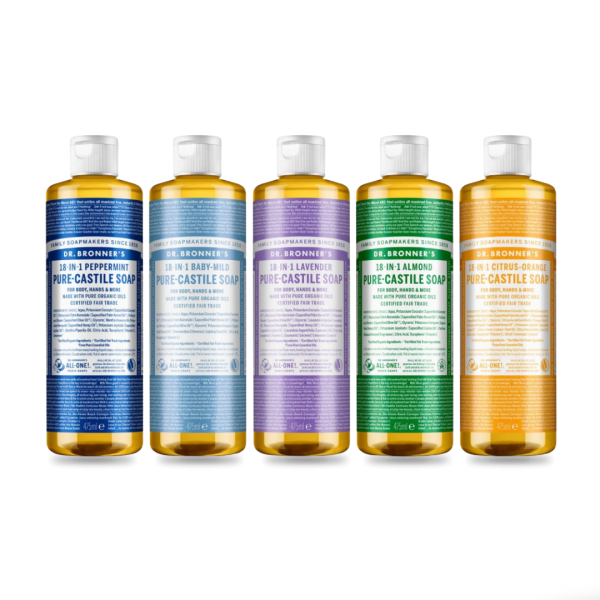 Os sabonetes líquidos Dr. Bronner's são completamente biodegradáveis e de base vegetal, sendo feitos com óleos certificados biológicos e de comércio justo.