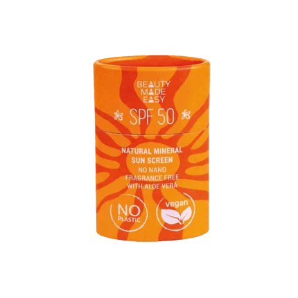 Protetor solar mineral sólido para o rosto com elevada proteção (FPS50). Fórmula suave e de origem 100% natural,  ideal para uso diário