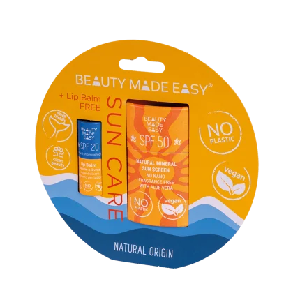 Pack promocional ideal para proteger a pele dos raios solares! Contém um protetor solar mineral sólido para o rosto com elevada proteção (FPS50) e um bálsamo hidratante para lábios gratuito (FPS20).