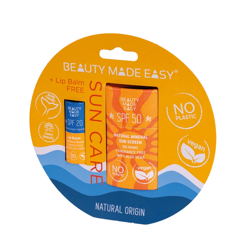 Pack promocional ideal para proteger a pele dos raios solares! Contém um protetor solar mineral sólido para o rosto com elevada proteção (FPS50) e um bálsamo hidratante para lábios gratuito (FPS20).