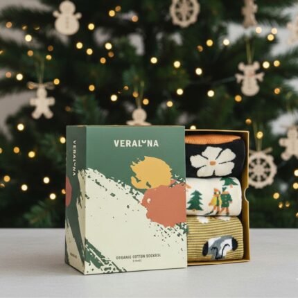 Pack de meias Veraluna GiftBoy Fun Nature com vários padrões em tons de laranja, bege, verde e preto, feitas à mão em algodão orgânico.