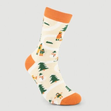 Pack de meias Veraluna GiftBoy Fun Nature com vários padrões em tons de laranja, bege, verde e preto, feitas à mão em algodão orgânico.