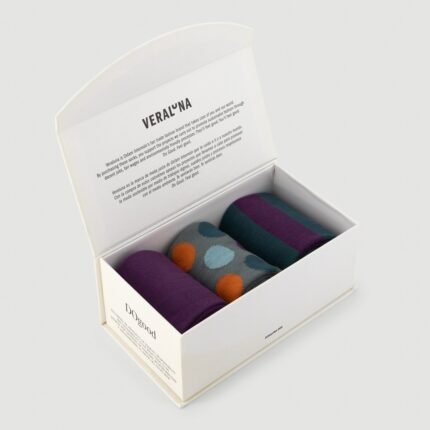 Pack de 3 meias Veraluna GiftBoy Orange‑Malva em algodão orgânico, feitas à mão na Turquia.