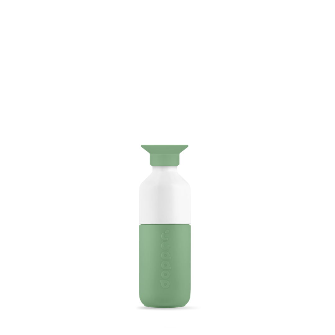 Dopper_steel_fresh_green_350ml_full_bottle Garrafa Dopper Steel 350 ml em aço inoxidável reciclado com copo integrado