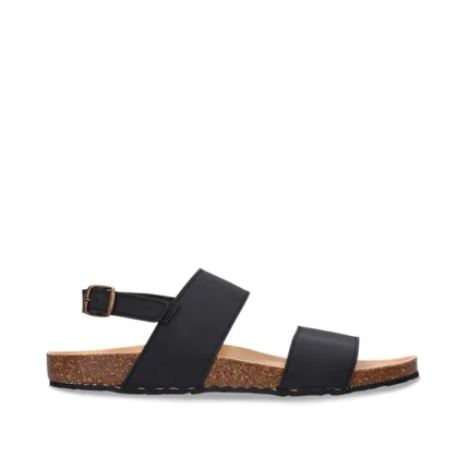 Sandálias vegan Savai pretas em nobuk, com palmilha em cortiça e sola reciclada