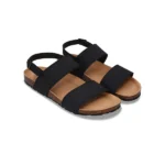 Sandálias vegan Savai pretas em nobuk, com palmilha em cortiça e sola reciclada