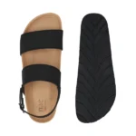 Sandálias vegan Savai pretas em nobuk, com palmilha em cortiça e sola reciclada